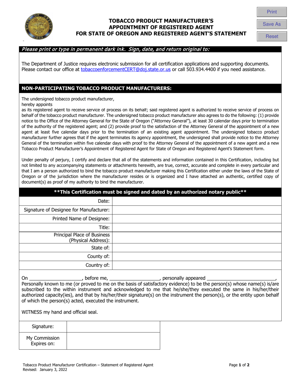 Tobacco Product Manufacturers Appointment of Registered Agent for State of Oregon and Registered Agents Statement - Oregon, Page 1