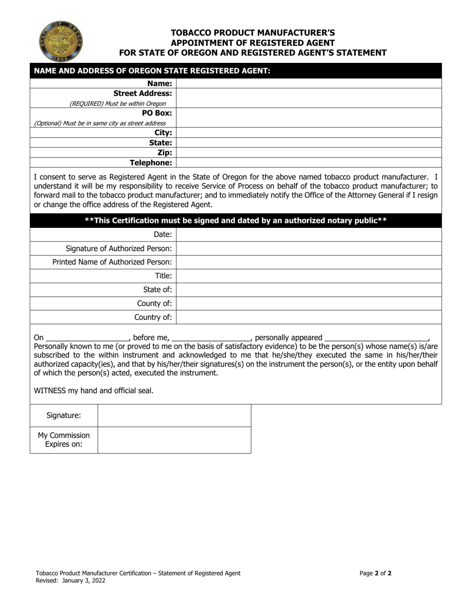 Tobacco Product Manufacturers Appointment of Registered Agent for State of Oregon and Registered Agents Statement - Oregon, Page 2