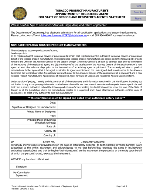 Tobacco Product Manufacturer's Appointment of Registered Agent for State of Oregon and Registered Agent's Statement - Oregon Download Pdf
