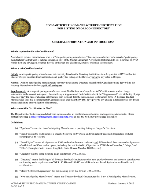 Instructions for Non-participating Manufacturer Certification for Listing on the Oregon Tobacco Directory - Oregon Download Pdf