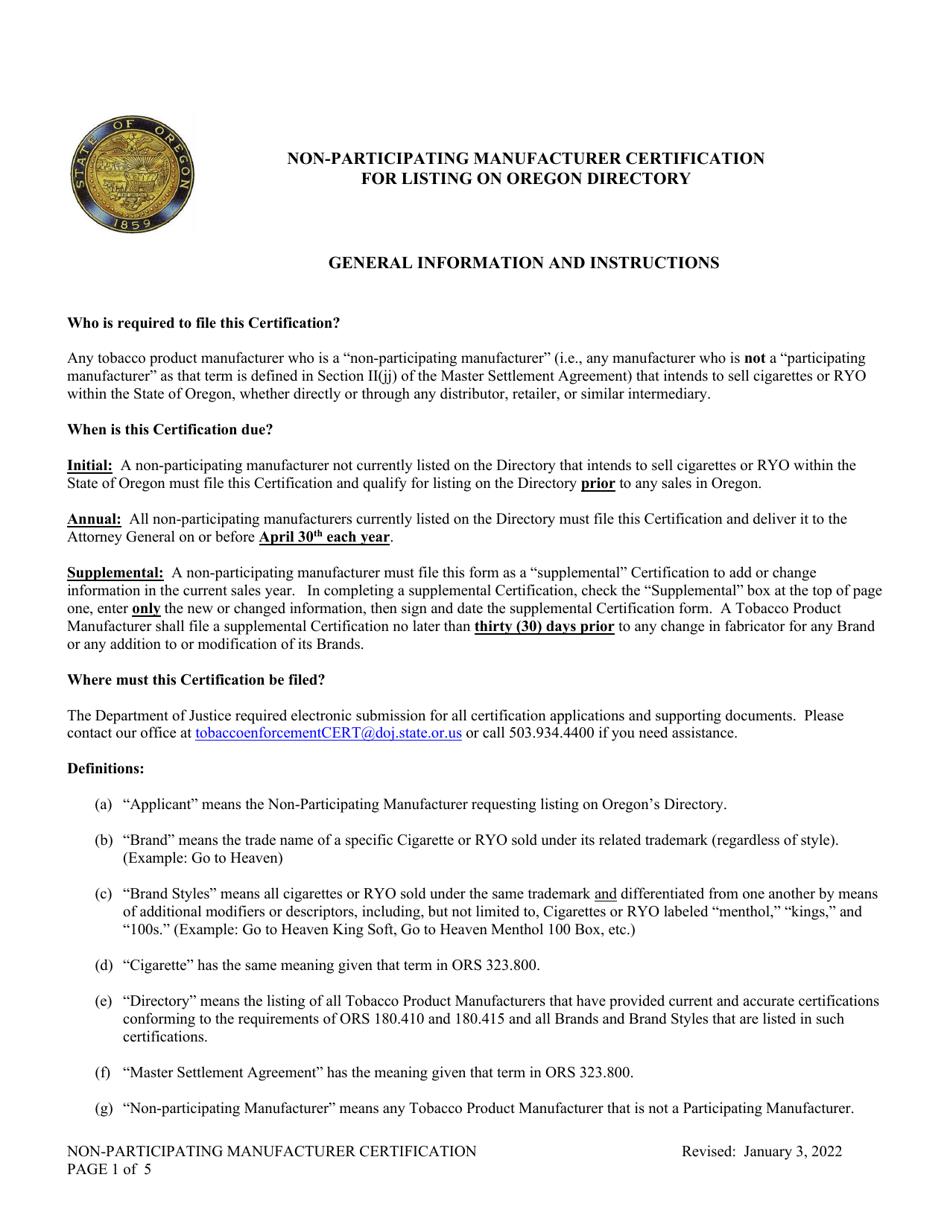 Instructions for Non-participating Manufacturer Certification for Listing on the Oregon Tobacco Directory - Oregon, Page 1
