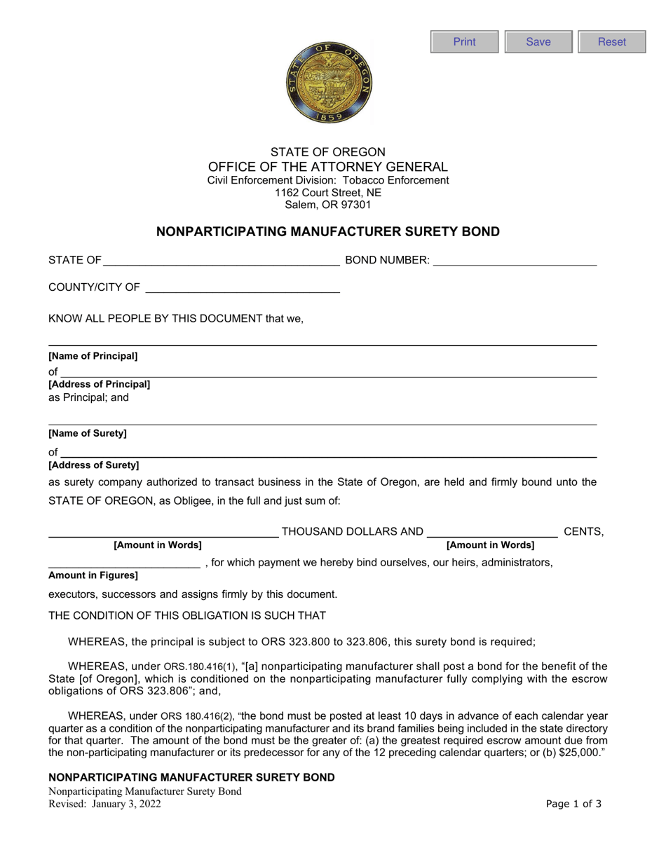 Nonparticipating Manufacturer Surety Bond - Oregon, Page 1