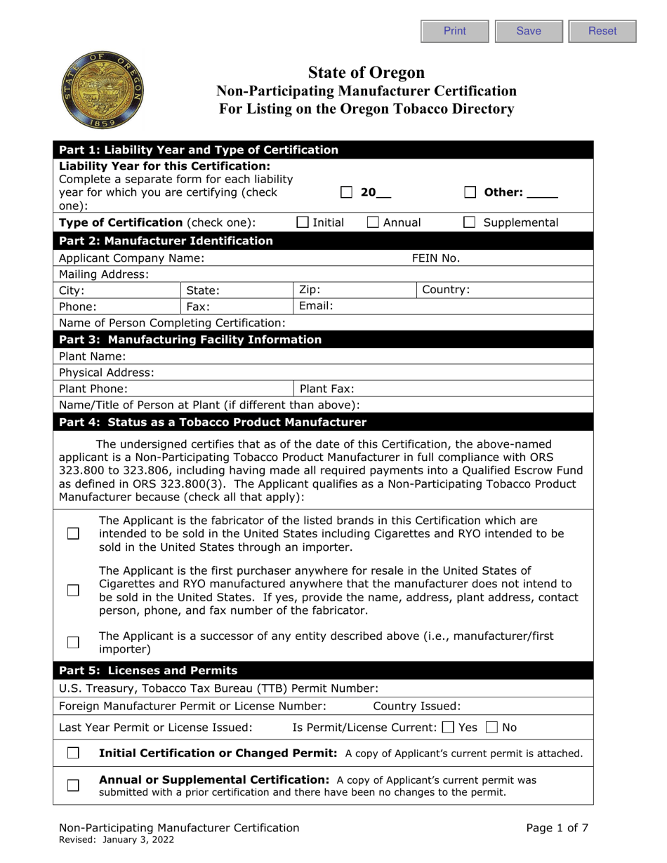 Non-participating Manufacturer Certification for Listing on the Oregon Tobacco Directory - Oregon, Page 1