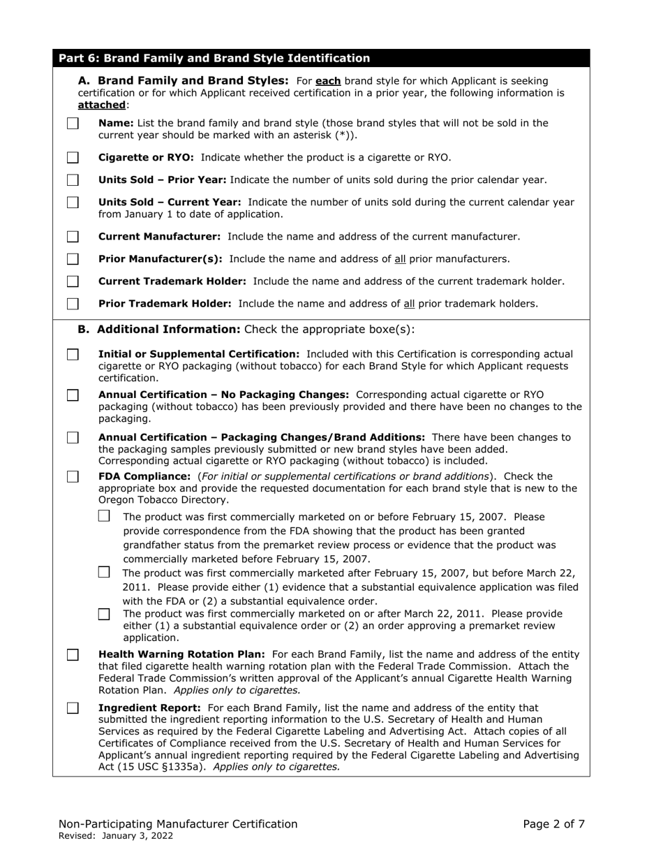 Non-participating Manufacturer Certification for Listing on the Oregon Tobacco Directory - Oregon, Page 2