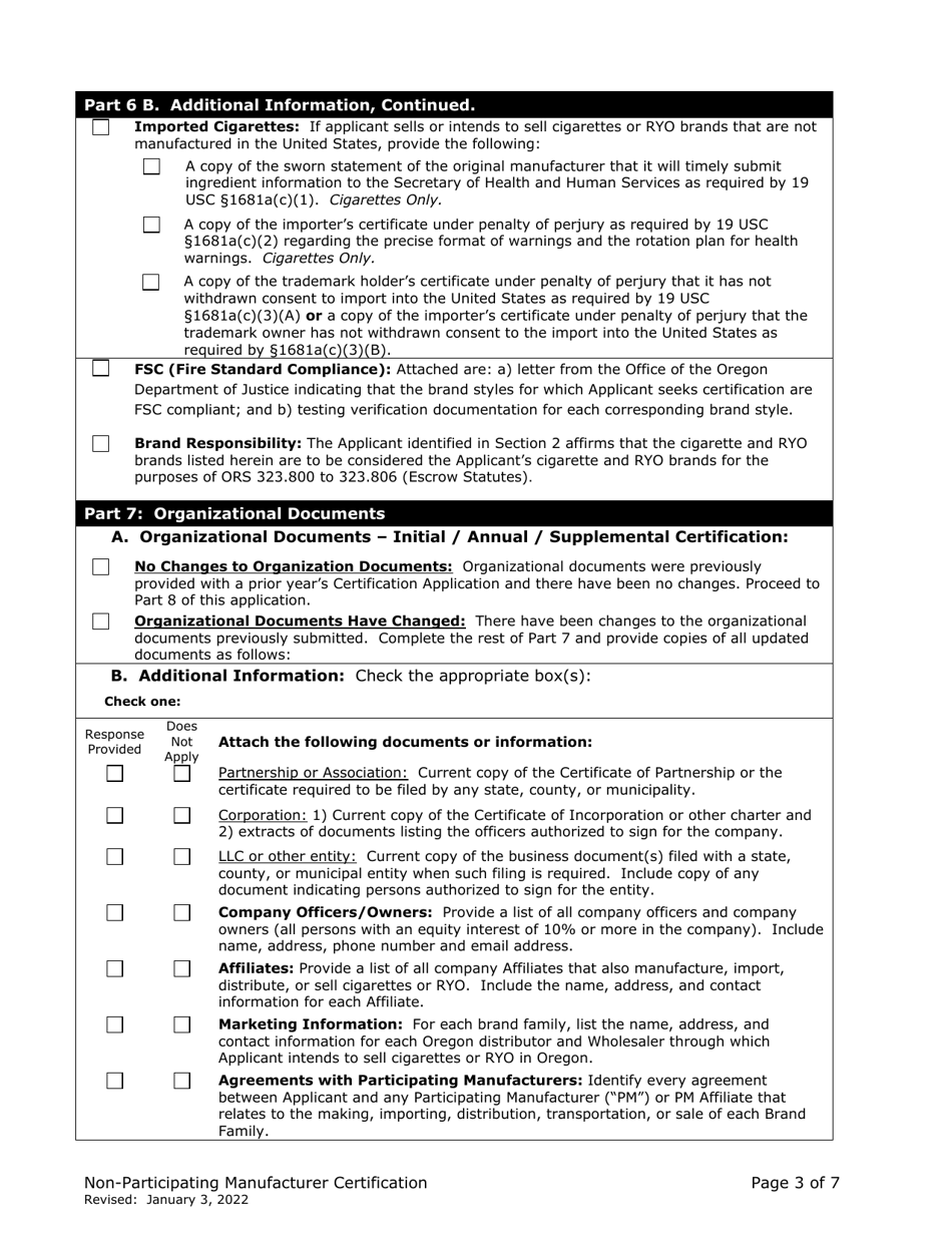 Non-participating Manufacturer Certification for Listing on the Oregon Tobacco Directory - Oregon, Page 3