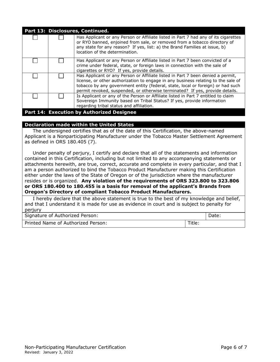 Non-participating Manufacturer Certification for Listing on the Oregon Tobacco Directory - Oregon, Page 6