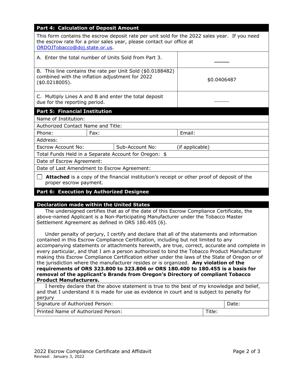 Escrow Compliance Certificate and Affidavit (Non-participating Manufacturer) - Oregon, Page 2