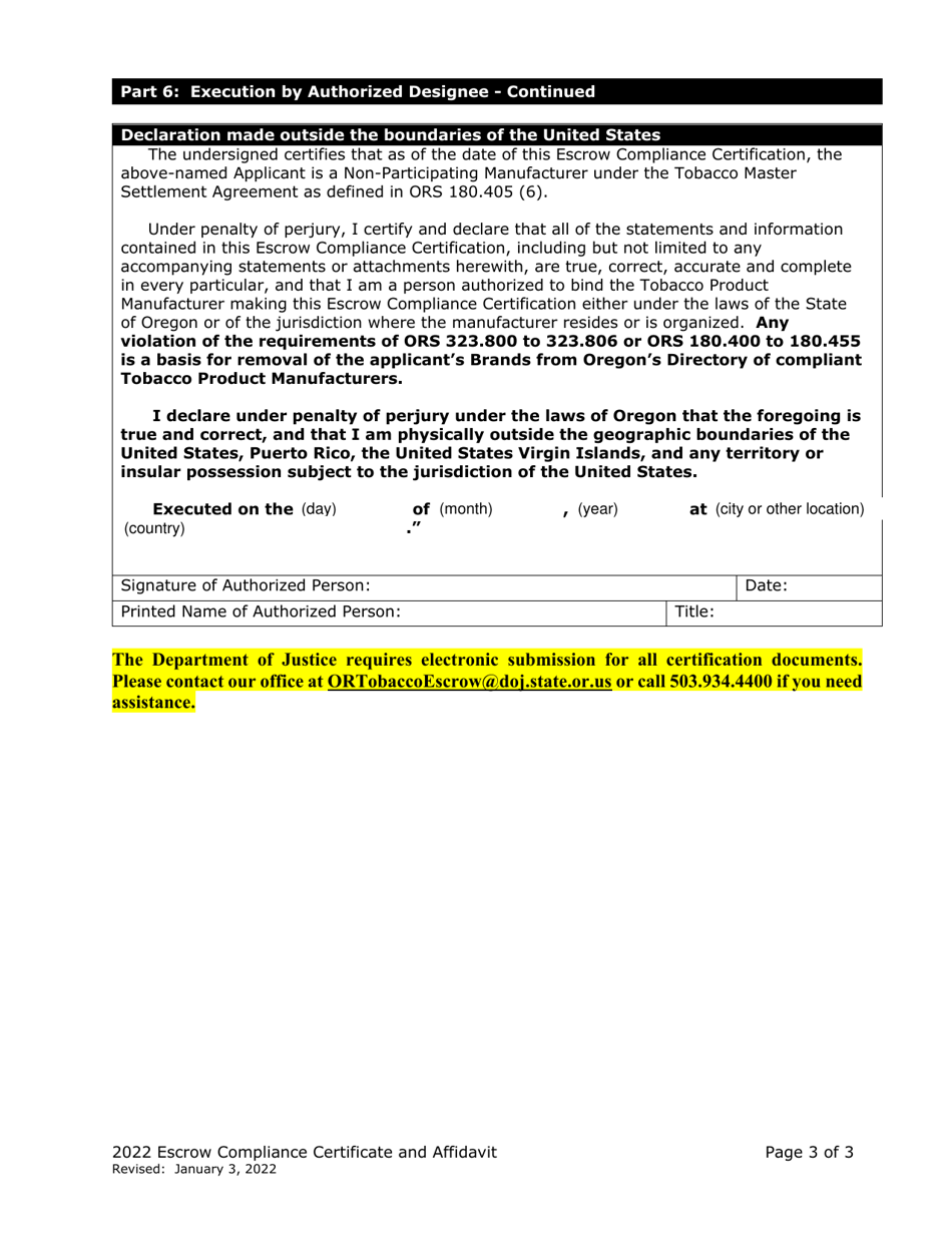 Escrow Compliance Certificate and Affidavit (Non-participating Manufacturer) - Oregon, Page 3