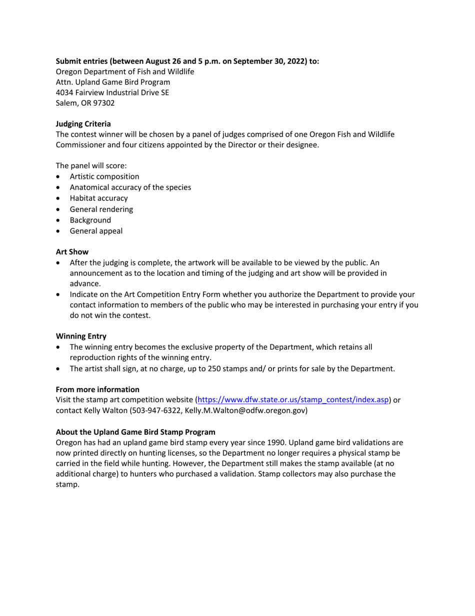 Upland Game Bird Stamp Art Competition Entry Form - Oregon, Page 2