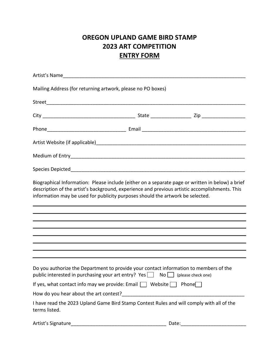 Upland Game Bird Stamp Art Competition Entry Form - Oregon, Page 3