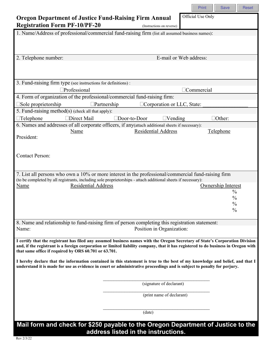 Form PF-10 (PF-20) Fund-Raising Firm Annual Registration Form - Oregon, Page 1