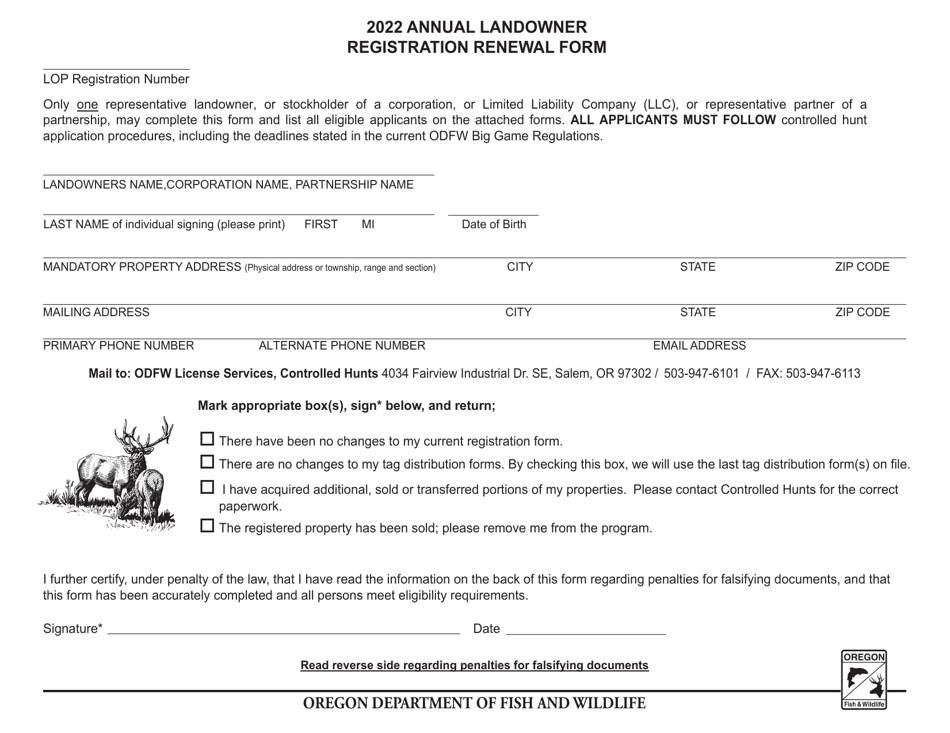 Annual Landowner Registration Renewal Form - Oregon, Page 1