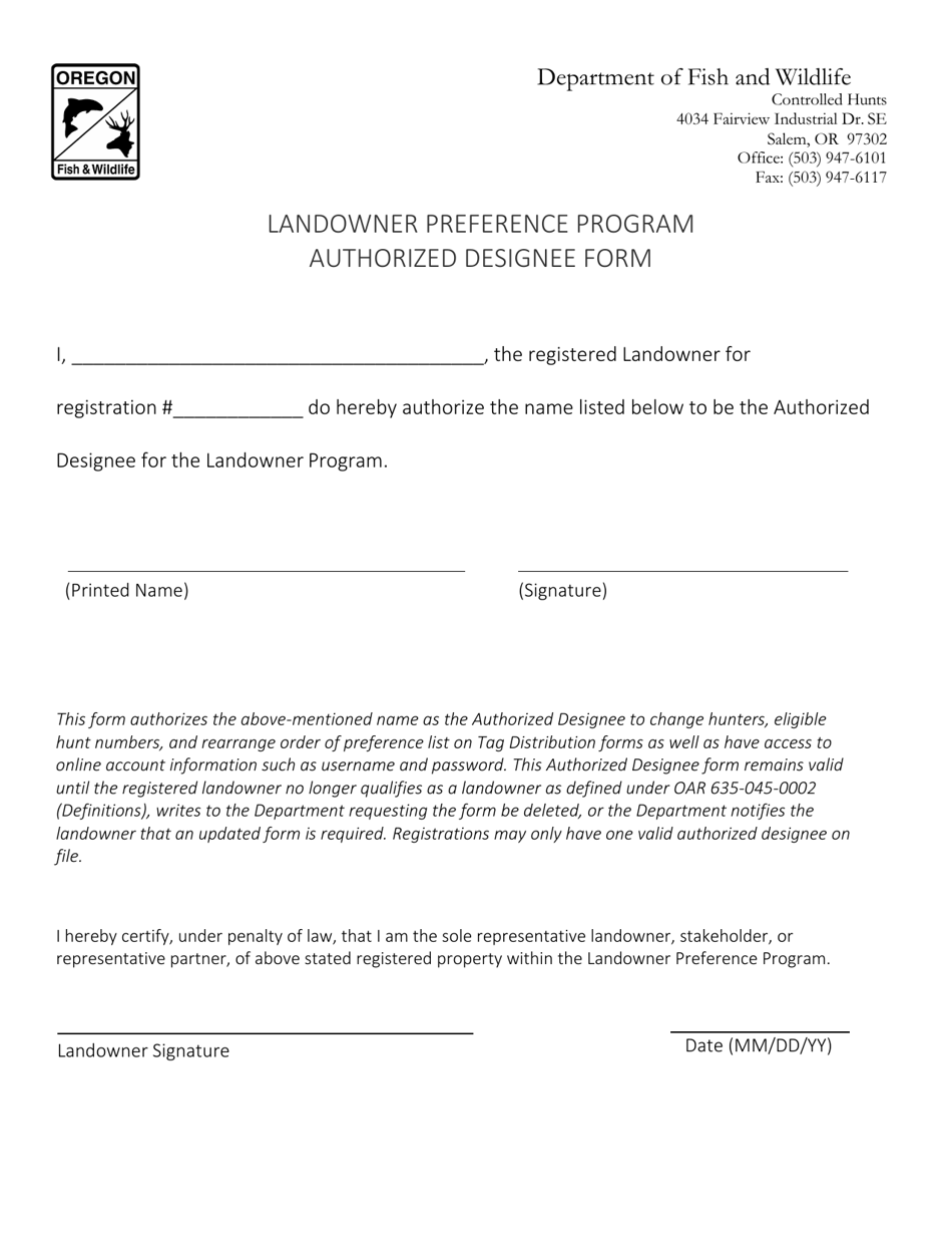 Authorized Designee Form - Landowner Preference Program - Oregon, Page 1