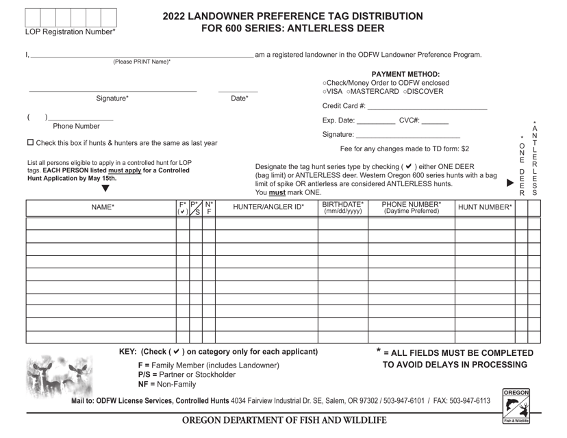 Landowner Preference Tag Distribution for 600 Series: Antlerless Deer - Oregon, 2022