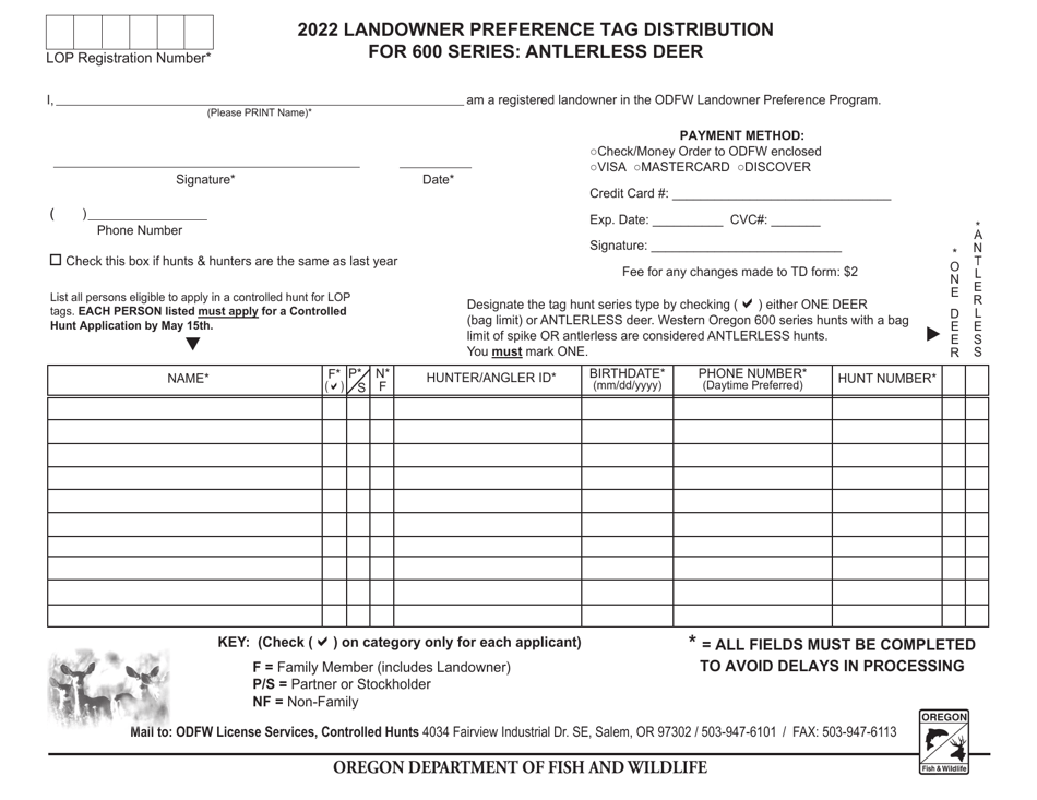 Landowner Preference Tag Distribution for 600 Series: Antlerless Deer - Oregon, Page 1