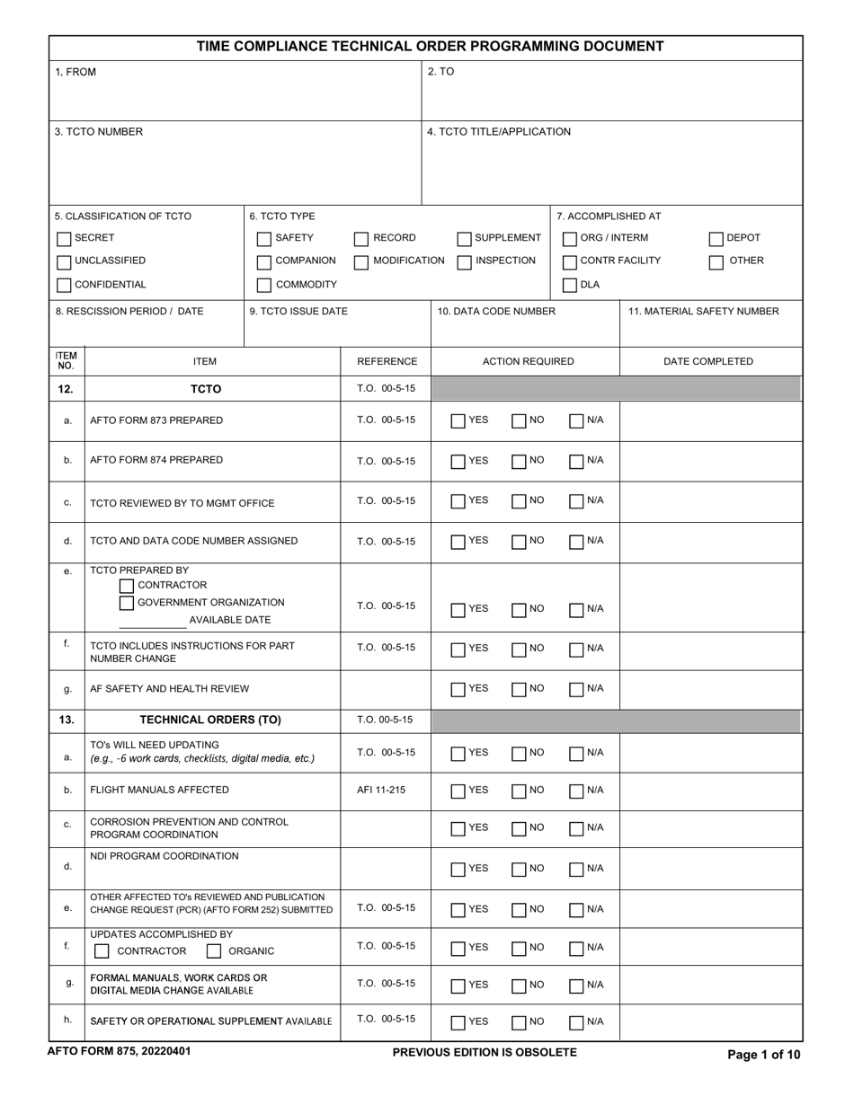 AFTO Form 875 Download Fillable PDF or Fill Online Time Compliance