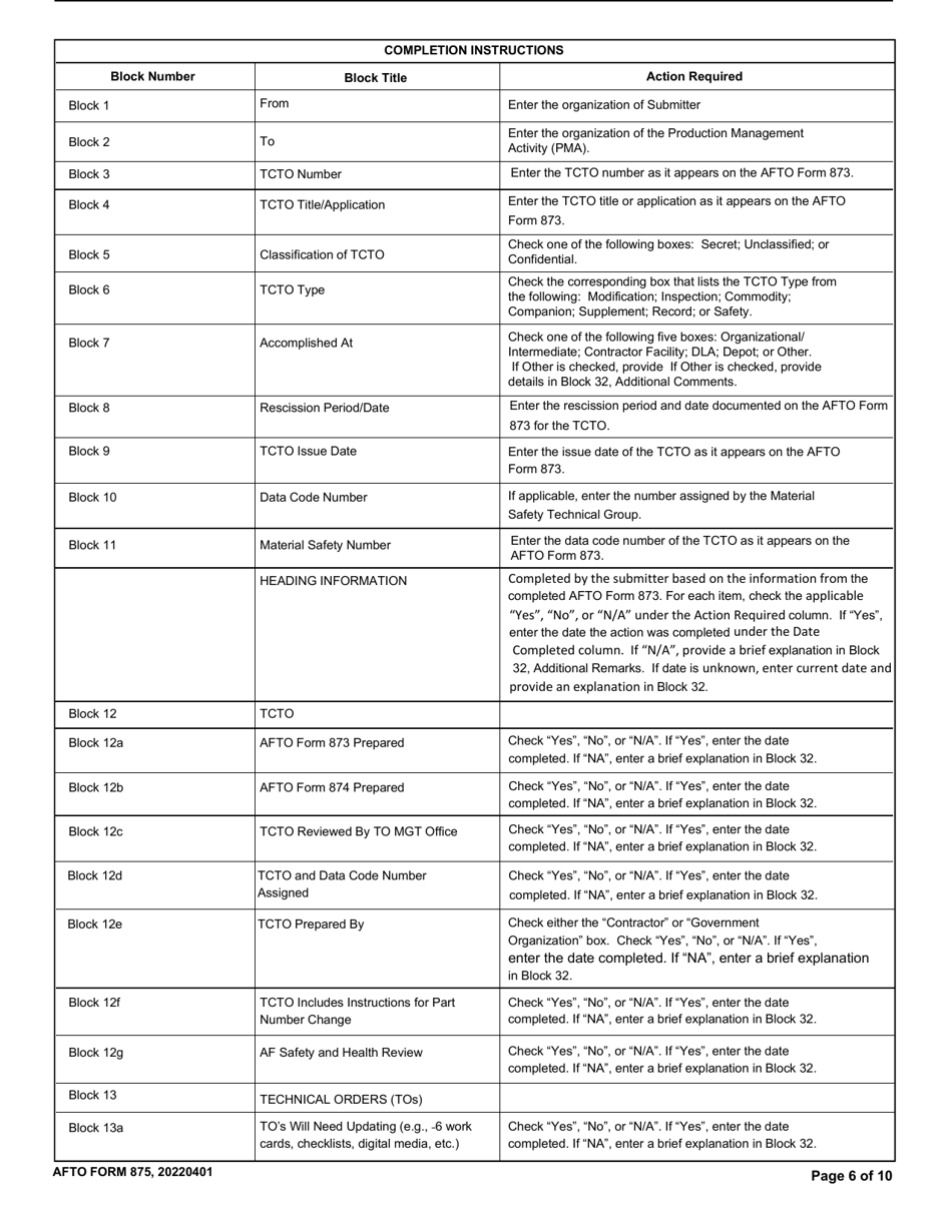 AFTO Form 875 Time Compliance Technical Order Programming Document, Page 6