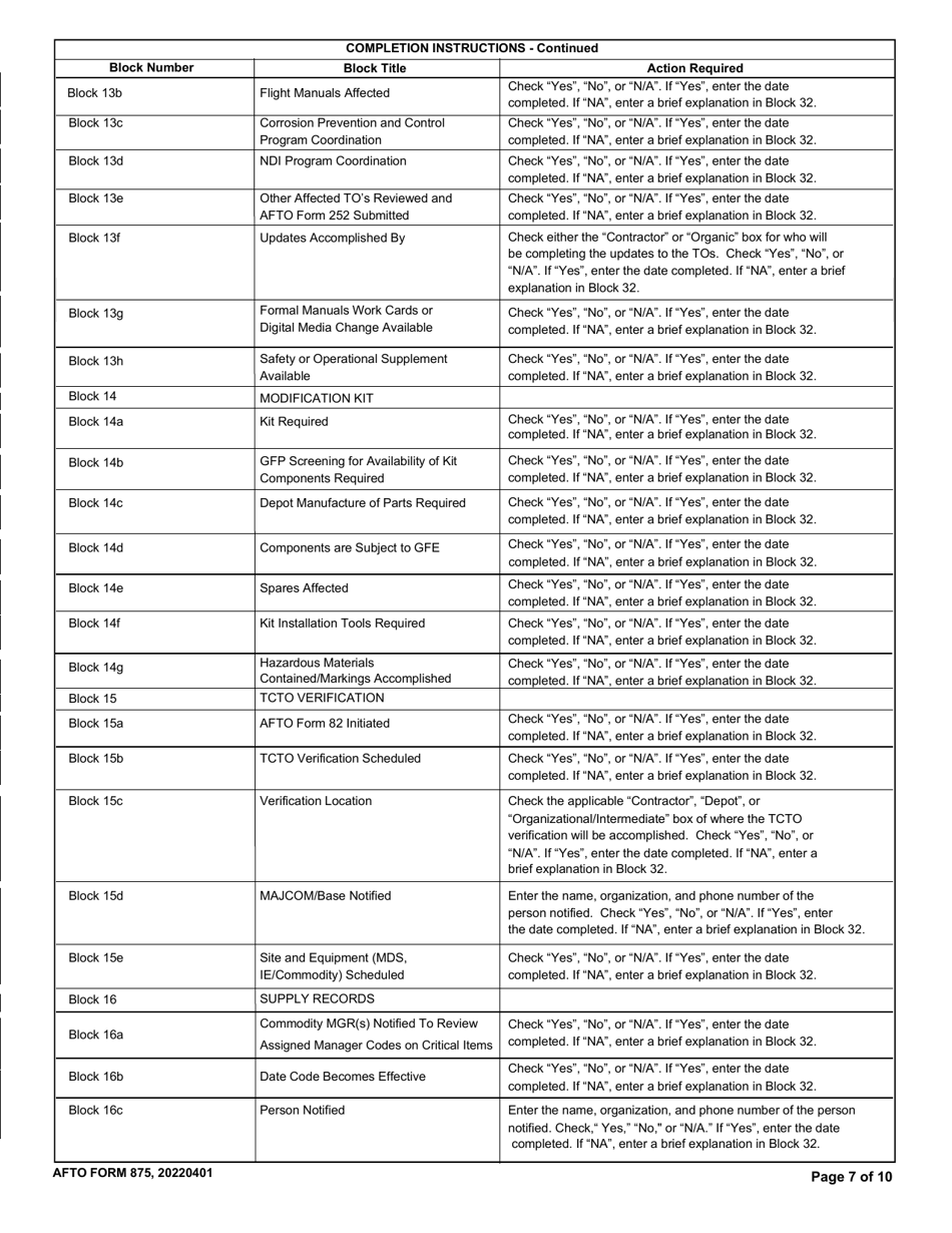 AFTO Form 875 Time Compliance Technical Order Programming Document, Page 7