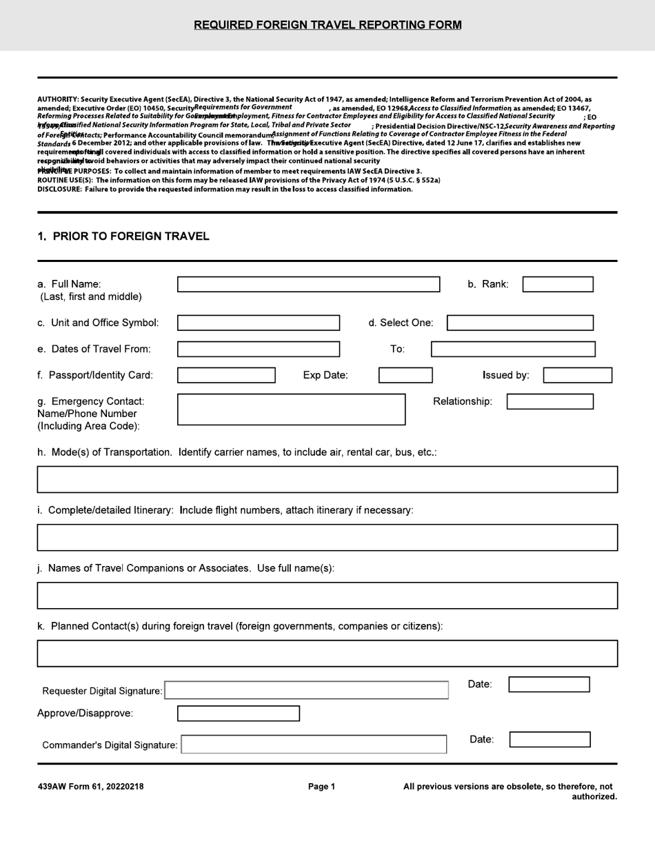 439 AW Form 61 Required Foreign Travel Reporting Form, Page 1