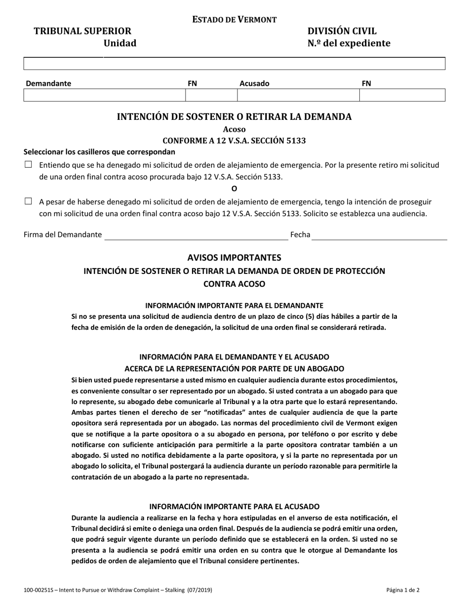 Formulario 100-00251S Intencion De Sostener O Retirar La Demanda - Acoso - Vermont (Spanish), Page 1