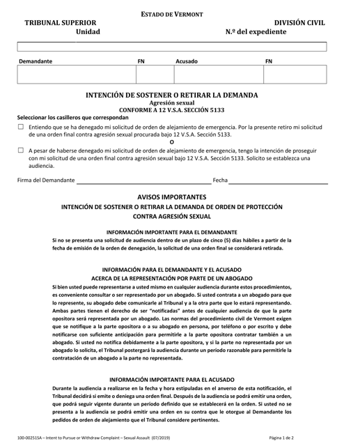 Formulario 100-00251SA Intencion De Sostener O Retirar La Demanda - Agresion Sexual - Vermont (Spanish)