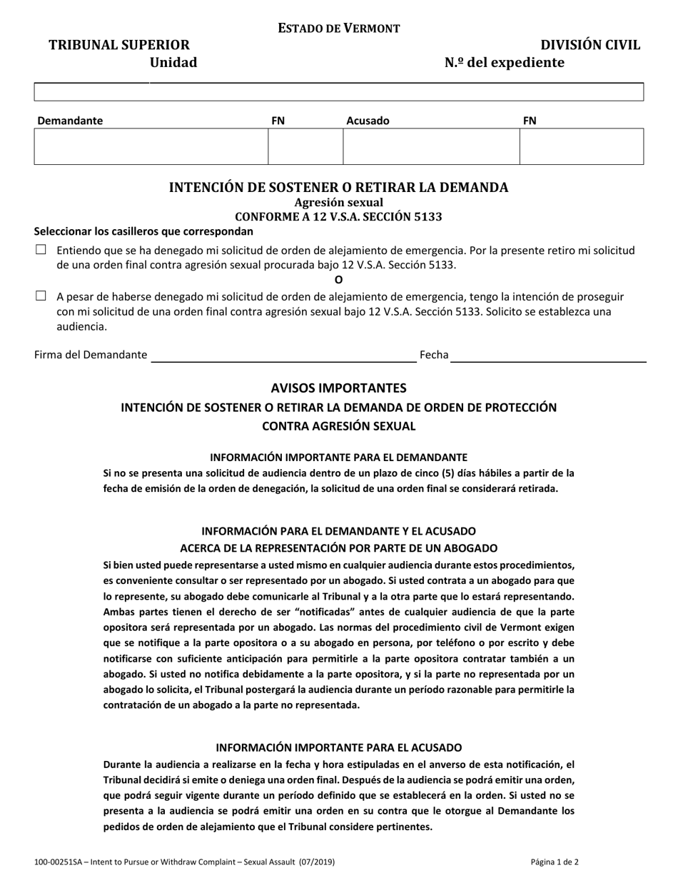 Formulario 100-00251SA Intencion De Sostener O Retirar La Demanda - Agresion Sexual - Vermont (Spanish), Page 1