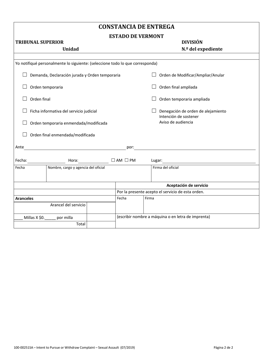 Formulario 100-00251SA Intencion De Sostener O Retirar La Demanda - Agresion Sexual - Vermont (Spanish), Page 2