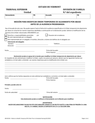 Document preview: Formulario 400-00158 Mocion Para Modificar Orden Temporaria De Alejamiento Por Abuso Antes De La Audiencia Programada - Vermont (Spanish)