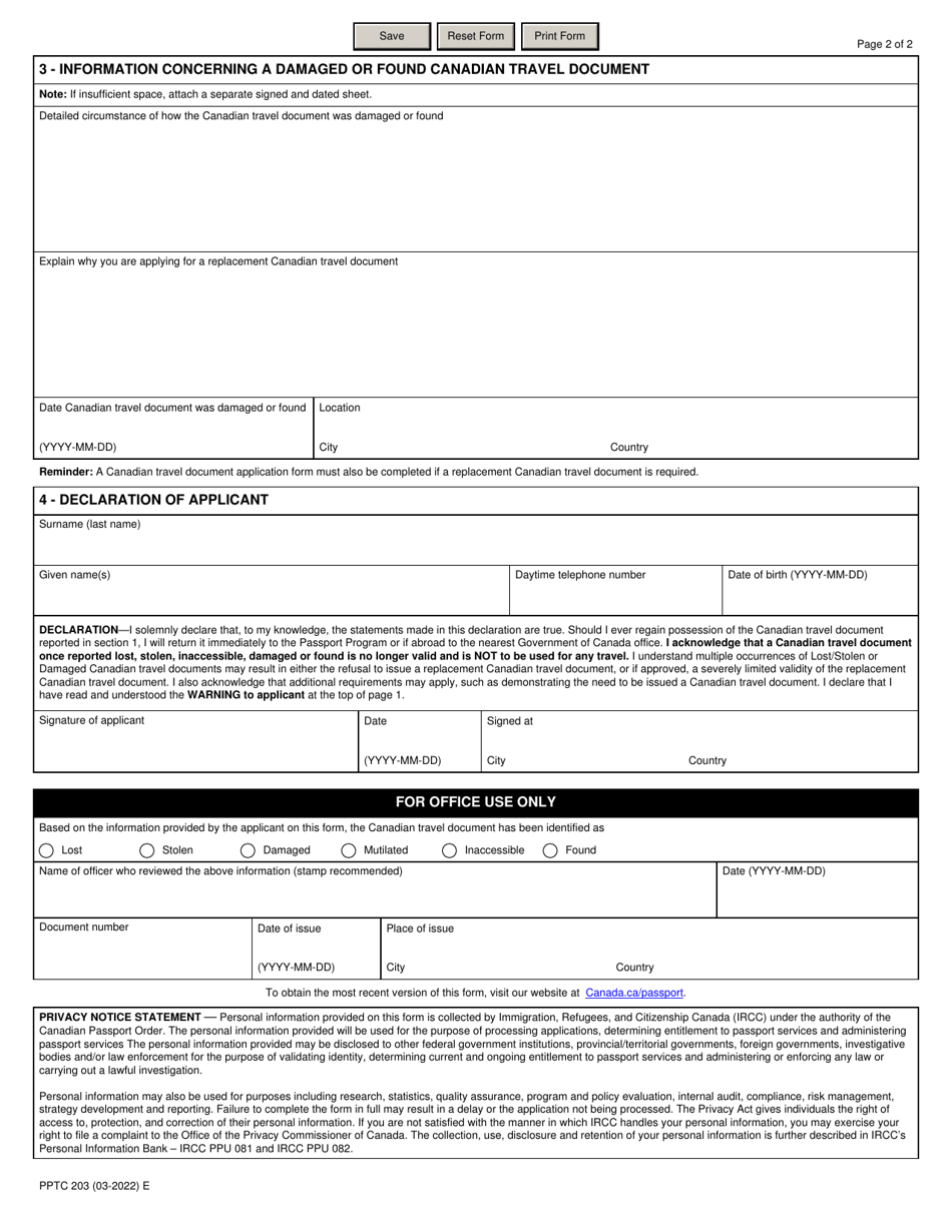 Form PPTC203 Declaration Concerning a Lost, Stolen, Inaccessible, Damaged or Found Canadian Travel Document - Canada, Page 2