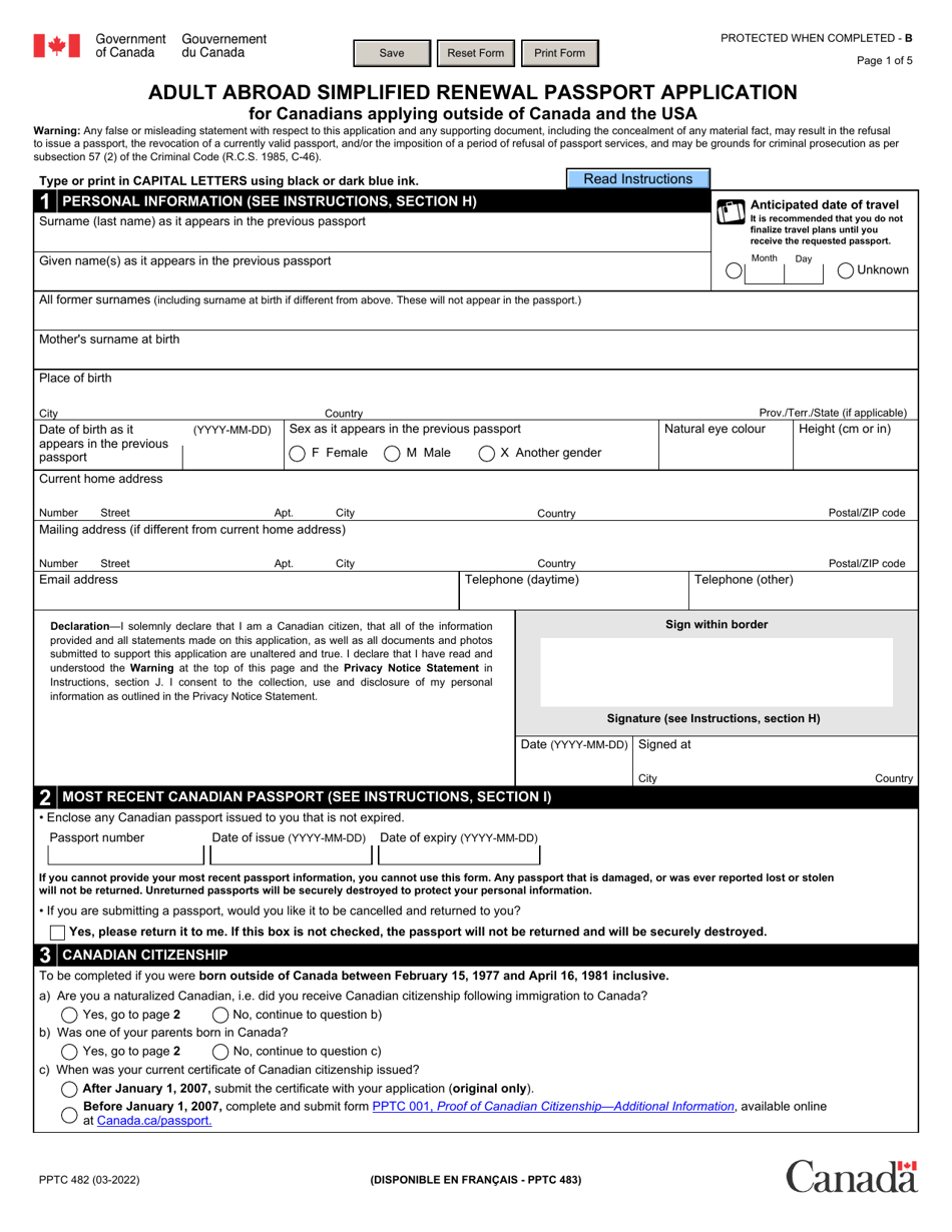 Form PPTC482 Adult Abroad Simplified Renewal Passport Application for Canadians Applying Outside of Canada and the Usa - Canada, Page 1