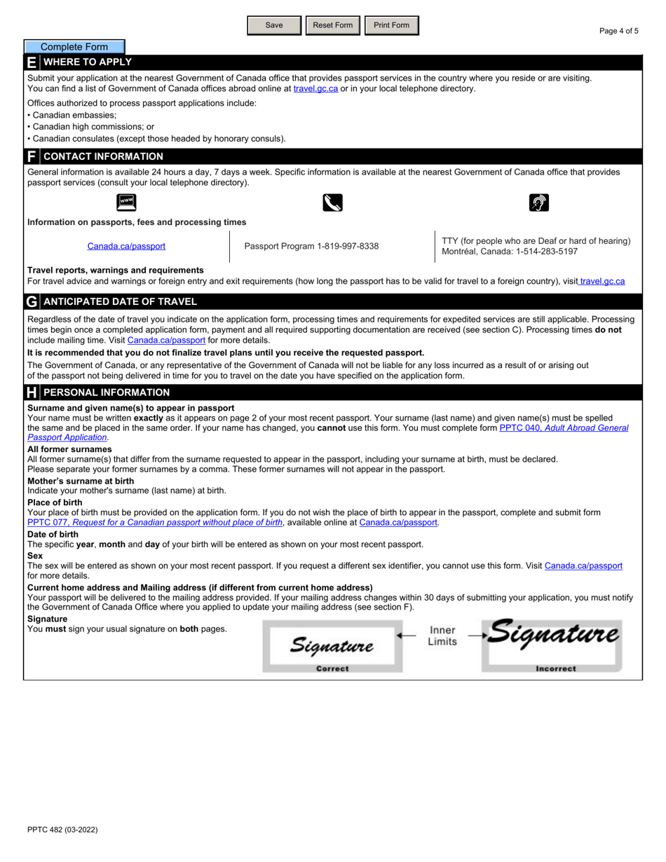 Form PPTC482 Adult Abroad Simplified Renewal Passport Application for Canadians Applying Outside of Canada and the Usa - Canada, Page 4