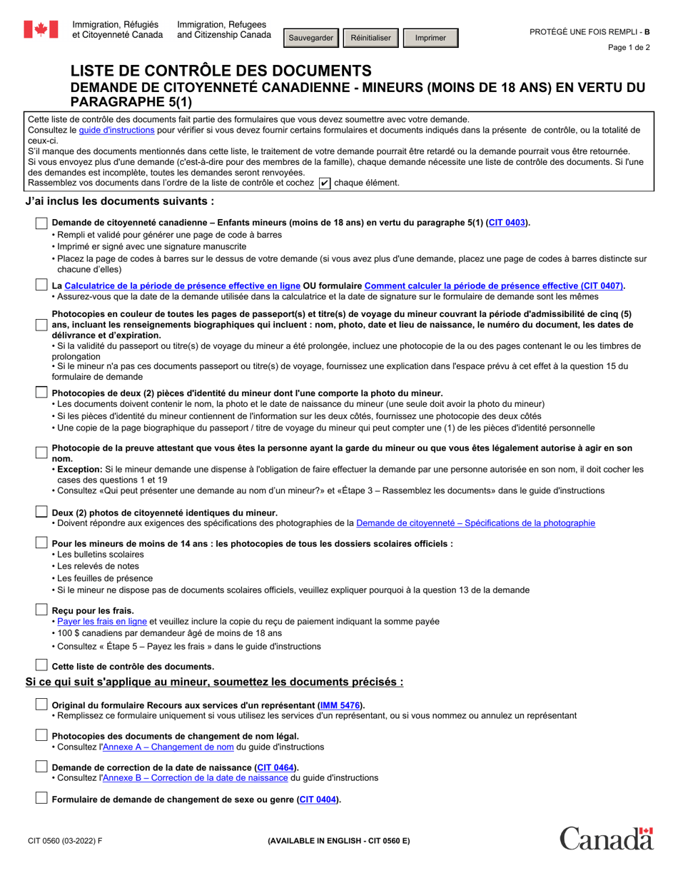 Forme CIT0560 Liste De Controle DES Documents - Demande De Citoyennete Canadienne - Mineurs (Moins De 18 Ans) En Vertu Du Paragraphe 5(1) - Canada (French), Page 1
