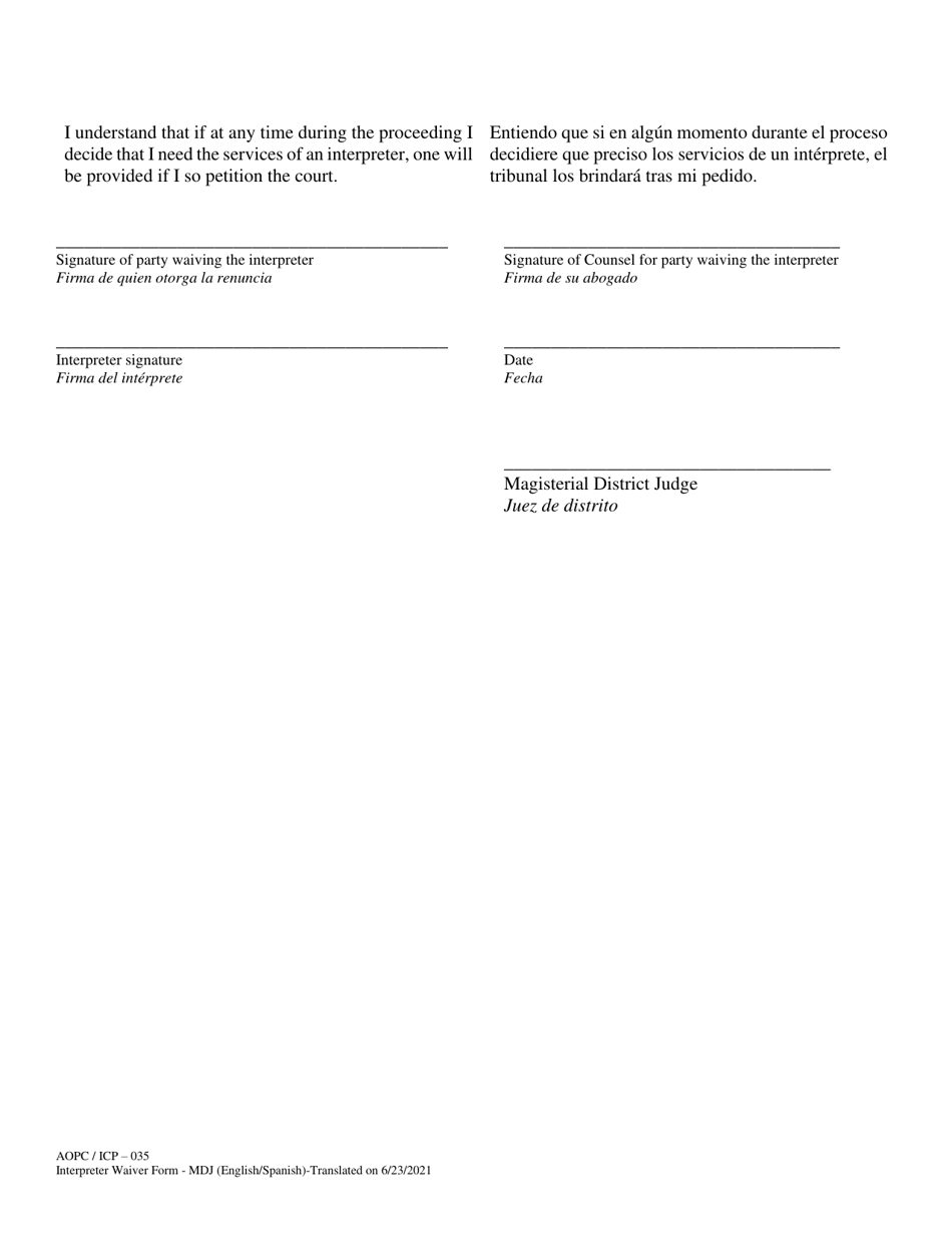 Form AOPC / ICP-035 Interpreter Waiver Form - Magisterial District Judge - Pennsylvania (English / Spanish), Page 2