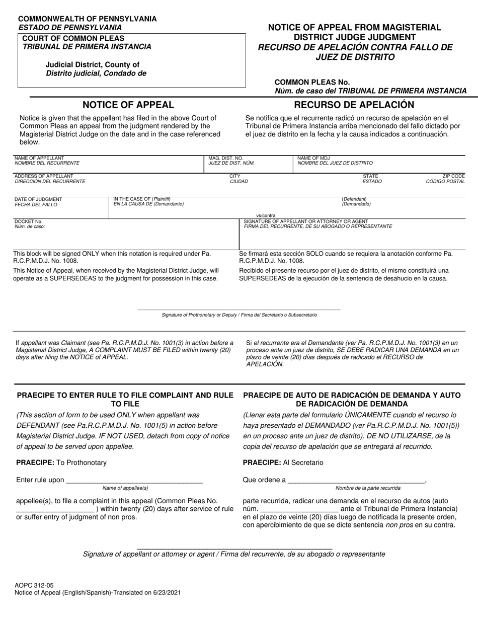 Form AOPC312-05 Notice of Appeal From Magisterial District Judge Judgment - Pennsylvania (English / Spanish), Page 1