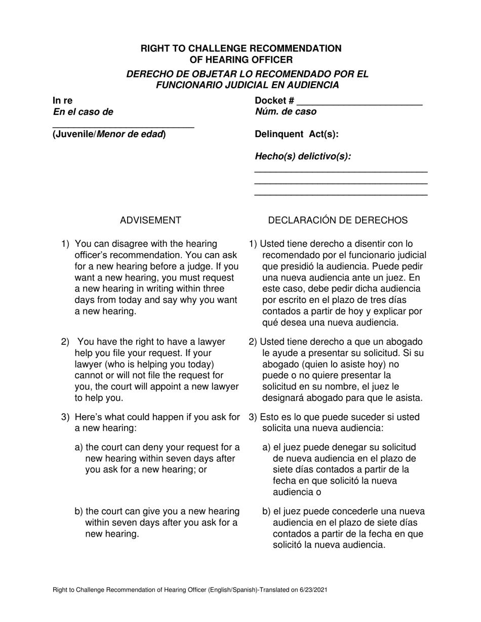 Right to Challenge Recommendation of Hearing Officer - Pennsylvania (English / Spanish), Page 1