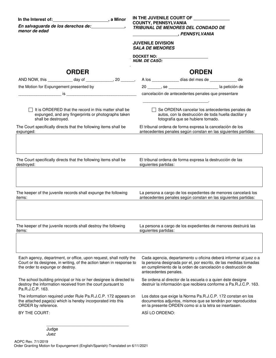 Order Granting Motion for Expungement - Juvenile - Pennsylvania (English / Spanish), Page 1