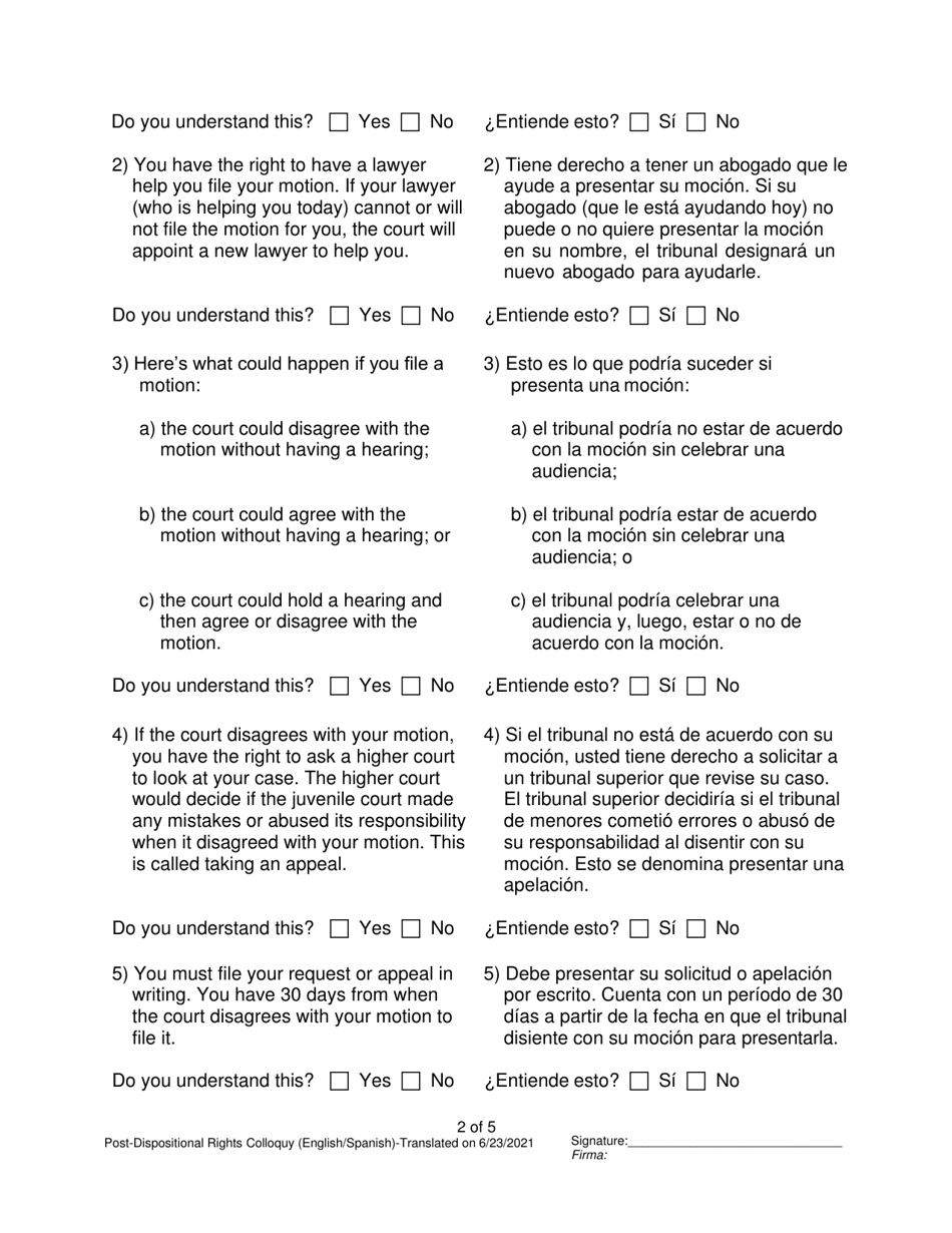 Post-dispositional Rights Colloquy - Pennsylvania (English / Spanish), Page 2