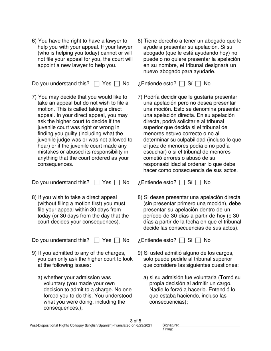 Post-dispositional Rights Colloquy - Pennsylvania (English / Spanish), Page 3