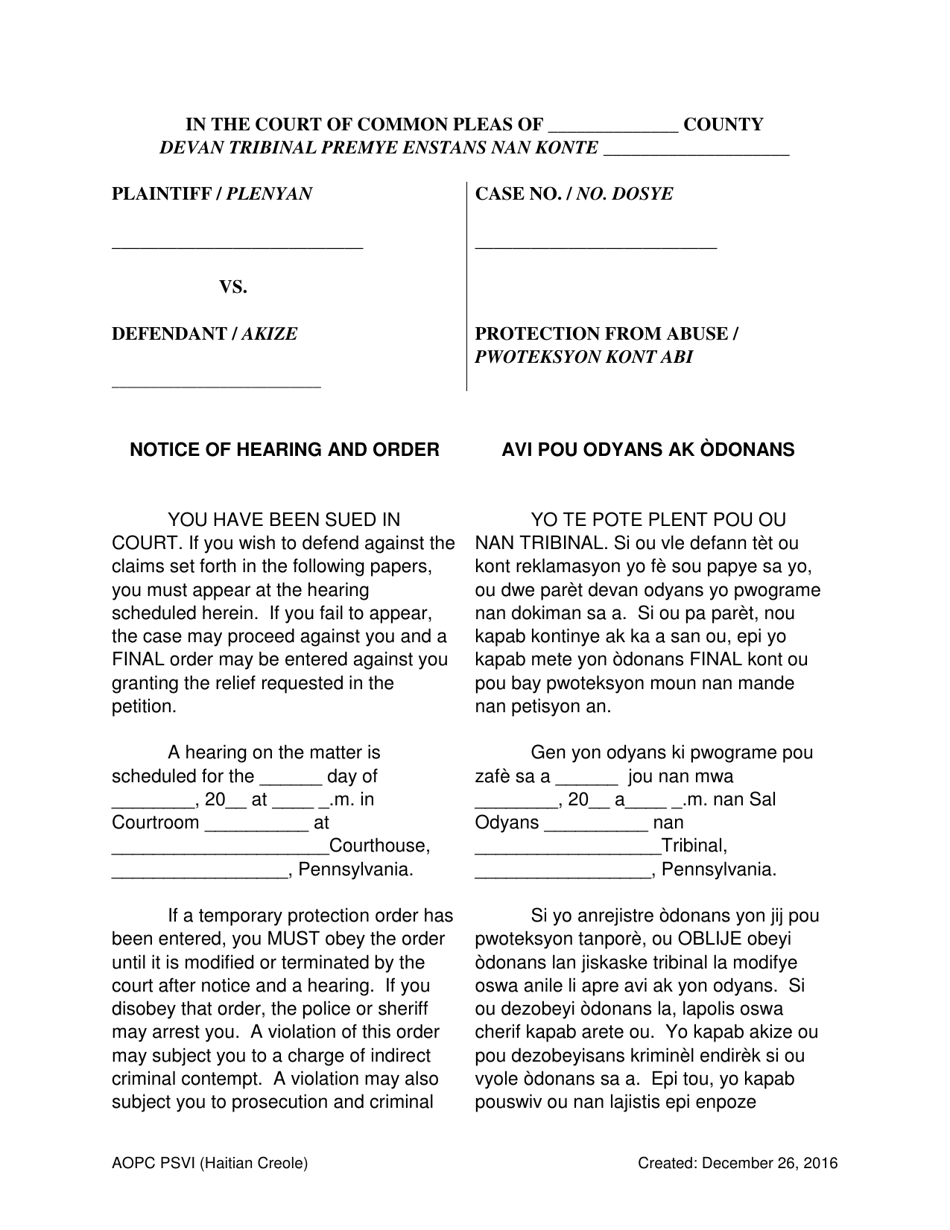 Protection From Violence or Sexual Intimidation (Psvi) Notice of Hearing and Order - Pennsylvania (English / Haitian Creole), Page 1