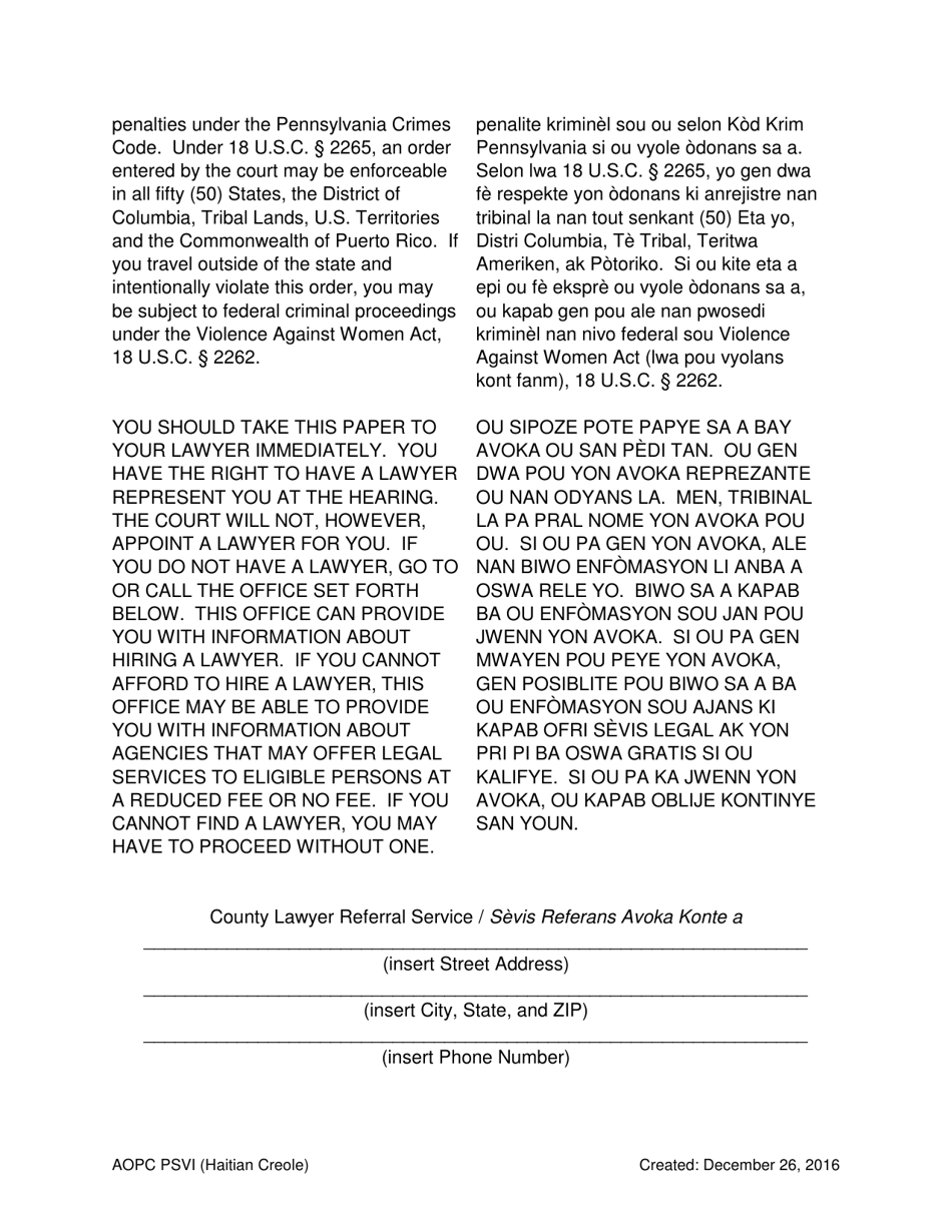 Pennsylvania Protection From Violence Or Sexual Intimidation Psvi Notice Of Hearing And Order 5847