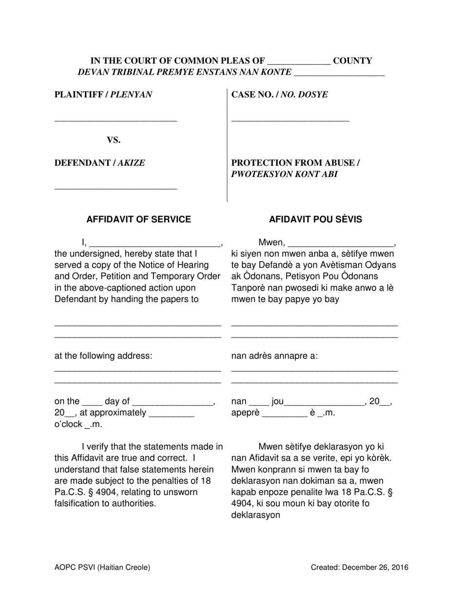 Protection From Violence or Sexual Intimidation (Psvi) Affidavit of Service - Pennsylvania (English / Haitian Creole), Page 1