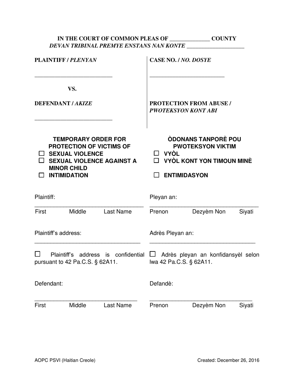 Temporary Order for Protection of Victims - Pennsylvania (English / Haitian Creole), Page 1