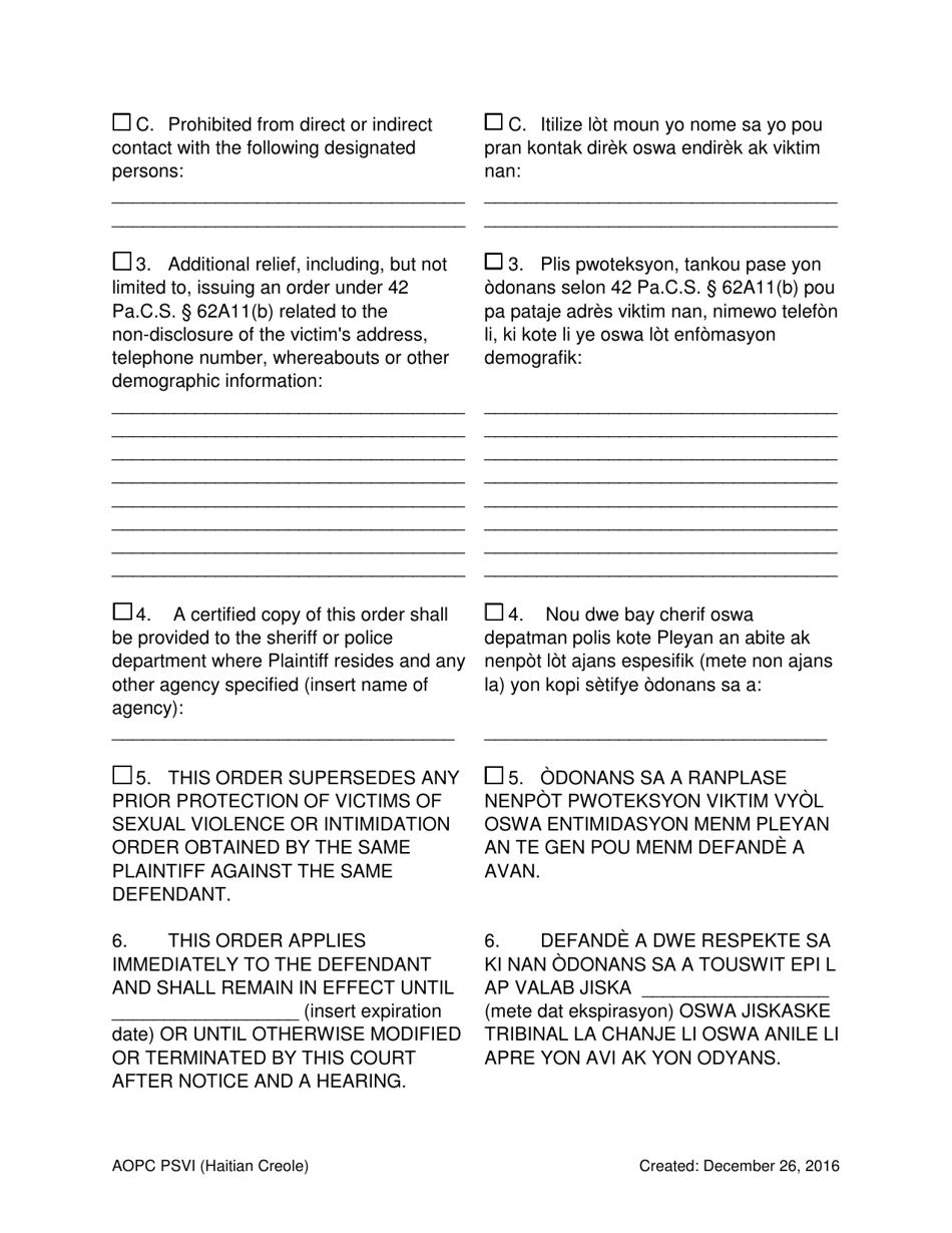 Temporary Order for Protection of Victims - Pennsylvania (English / Haitian Creole), Page 3