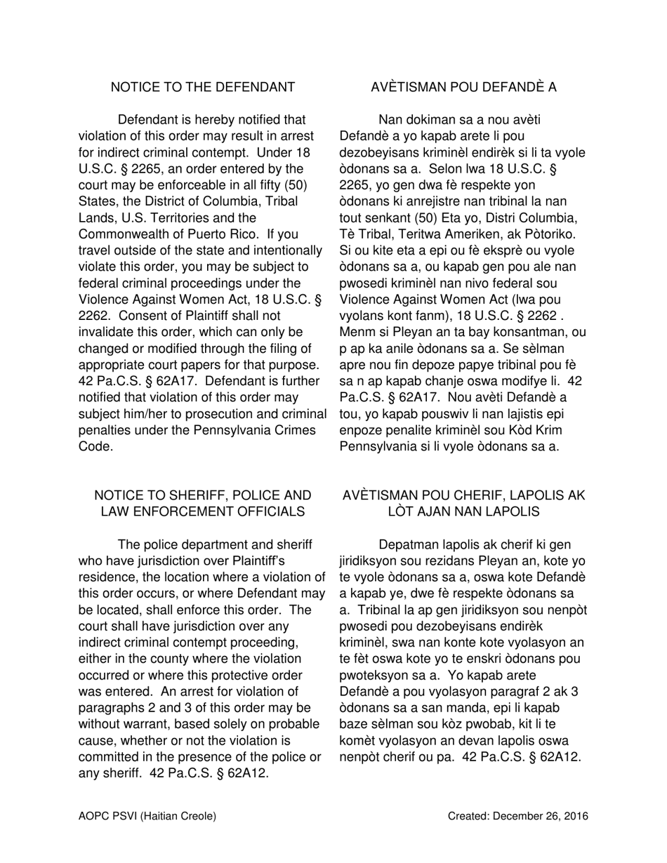 Temporary Order for Protection of Victims - Pennsylvania (English / Haitian Creole), Page 4