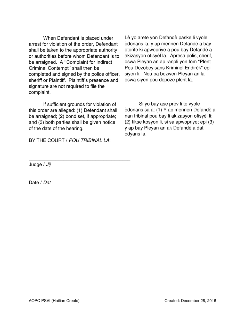 Temporary Order for Protection of Victims - Pennsylvania (English / Haitian Creole), Page 5