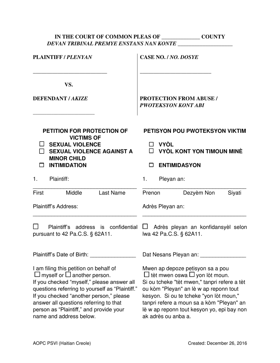 Petition for Protection of Victims - Pennsylvania (English / Haitian Creole), Page 1