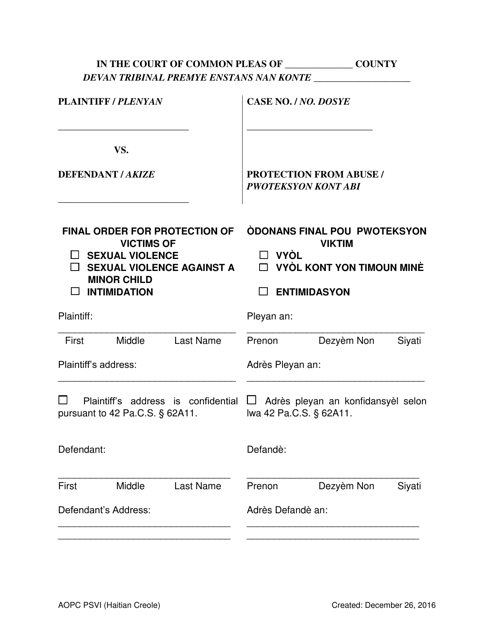 Final Order for Protection of Victims - Pennsylvania (English / Haitian Creole) Download Pdf