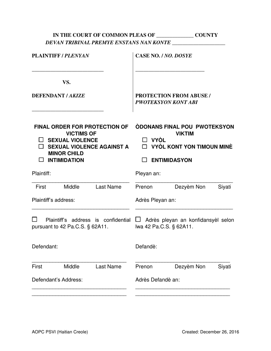 Final Order for Protection of Victims - Pennsylvania (English / Haitian Creole), Page 1