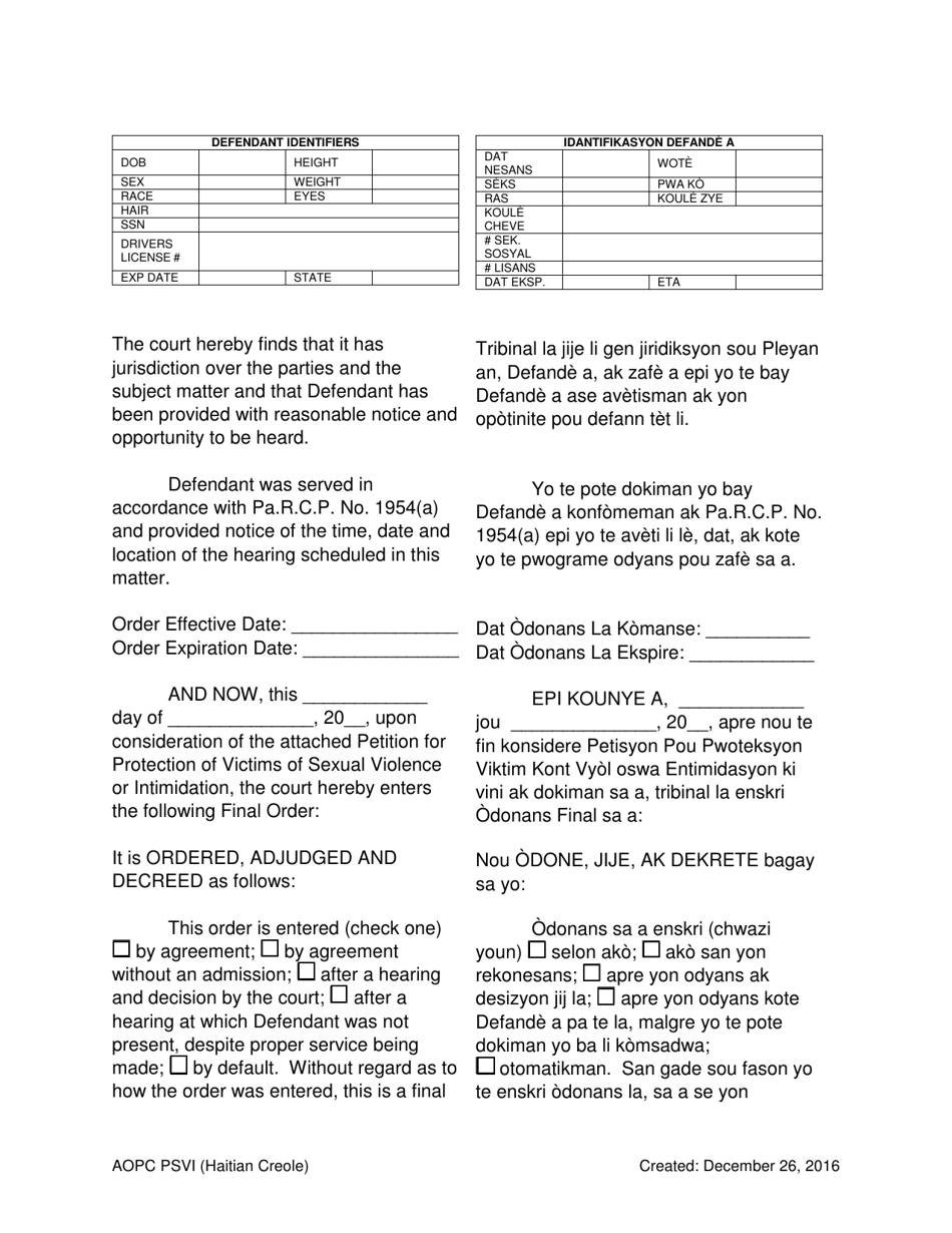 Final Order for Protection of Victims - Pennsylvania (English / Haitian Creole), Page 2