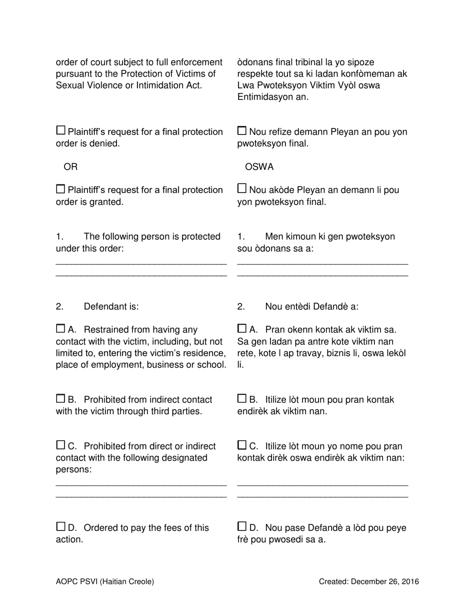 Final Order for Protection of Victims - Pennsylvania (English / Haitian Creole), Page 3